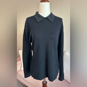 VTG Jones New York Sweater LS Pearl Accent Collar Black Wool Women’s Sz M Retro